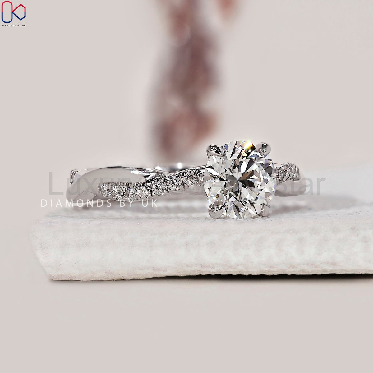 Round Cut Diamond Ring With Twisted Pave Setting - image 3