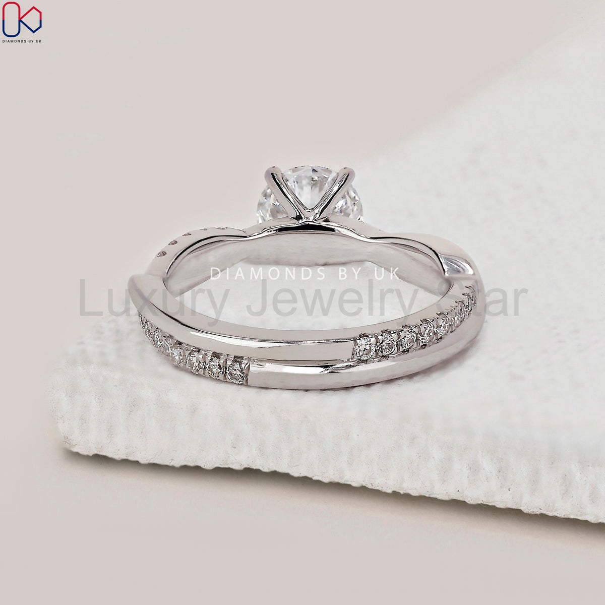 Round Cut Diamond Ring With Twisted Pave Setting - image 4