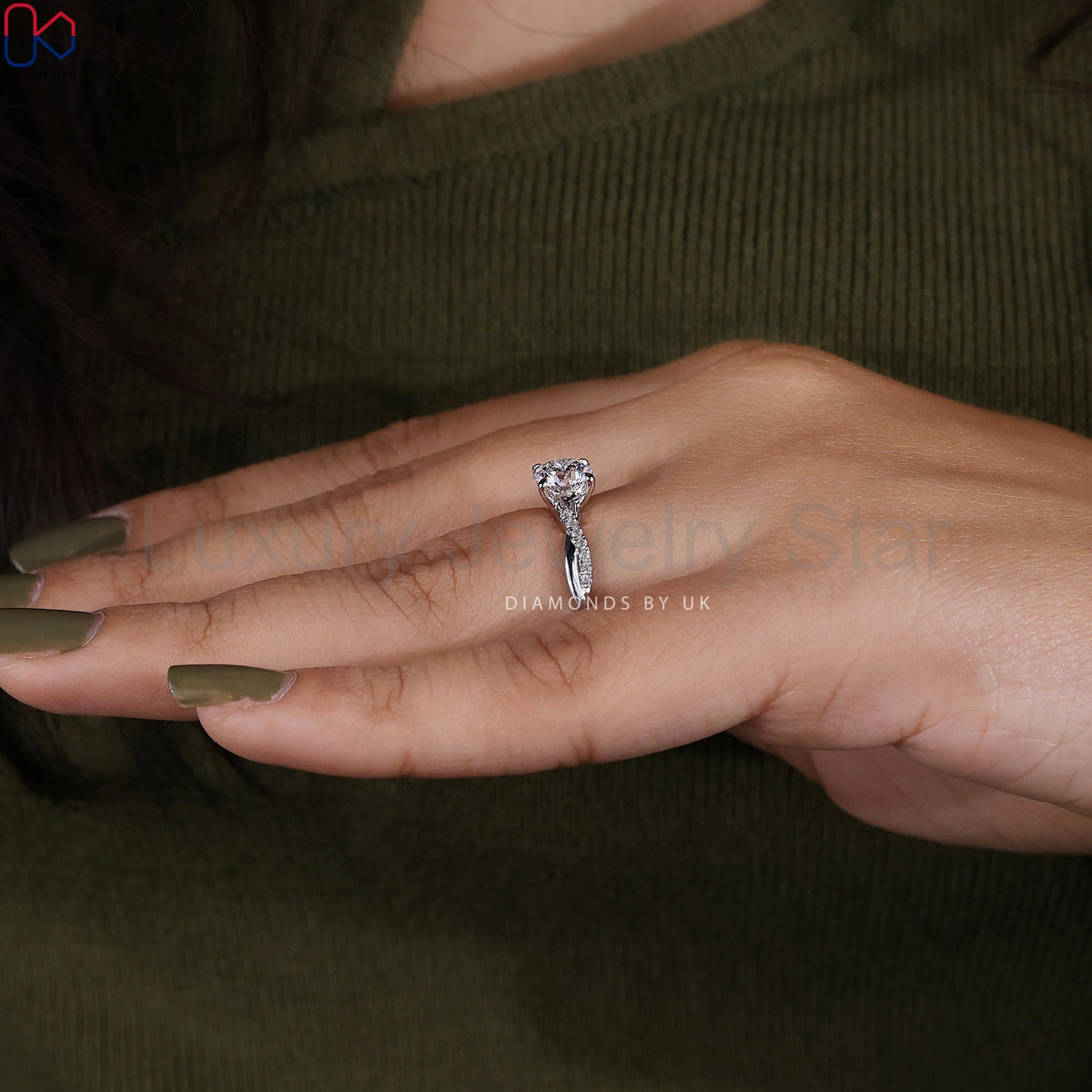 Round Cut Diamond Ring With Twisted Pave Setting - image 9