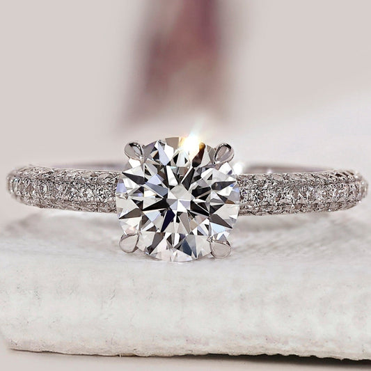 Round Diamond 3 Sided Pave Engagement Ring