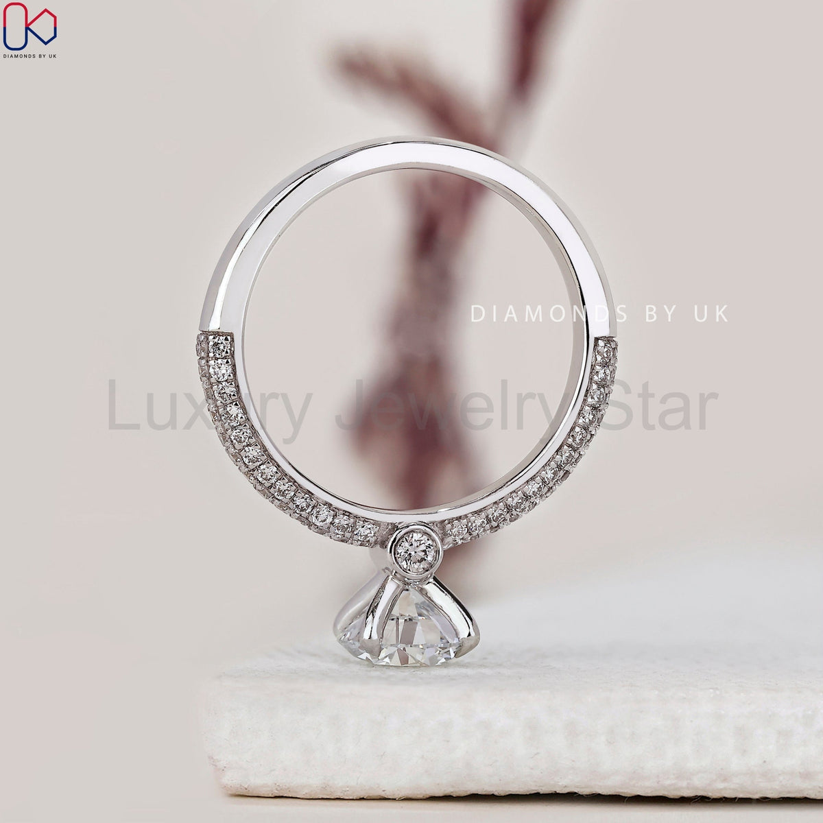 Round Diamond 3 Sided Pave Engagement Ring - image 5