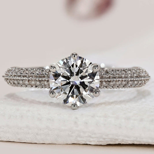Round Diamond Double Row Pave Engagement Ring