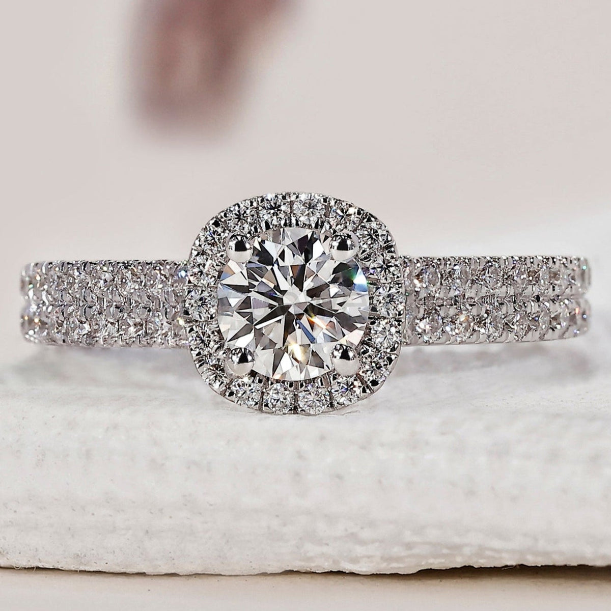 Round Diamond Double Row Pave Engagement Ring