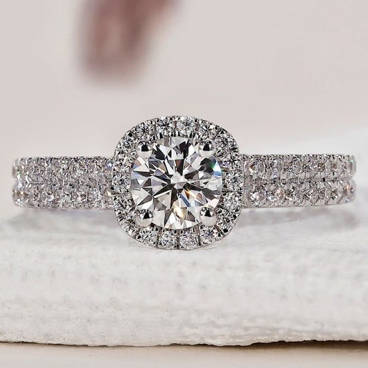 Round Diamond Double Row Pave Engagement Ring