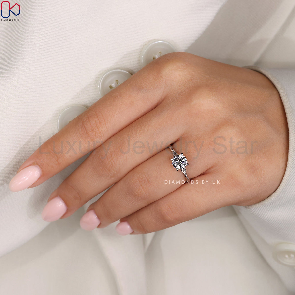 Round Diamond Engagement Ring In Milgrain Setting - image 11