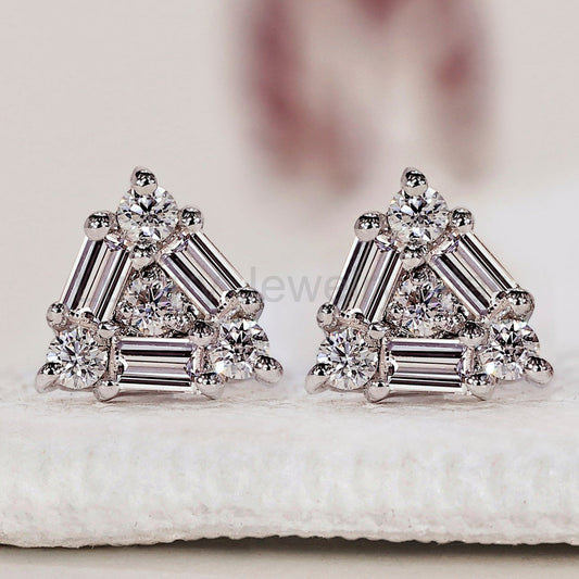 White Gold Stud Earrings - Baguette and Round Diamond
