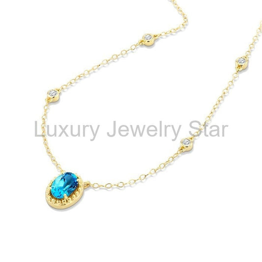 Bead Bijoux Oval Shape Gemstone & Halo Diamond Station Necklace
