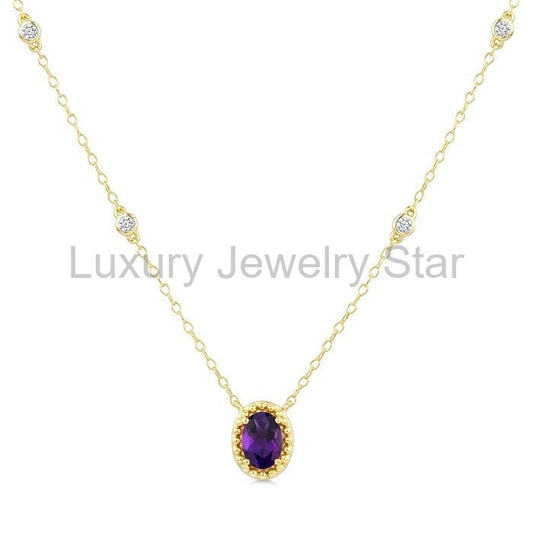 Bead Bijoux Oval Shape Gemstone & Halo Diamond Station Necklace