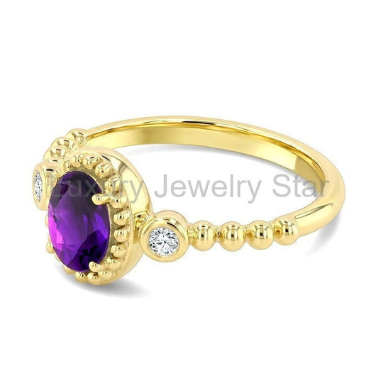 Bead Oval Shape Gemstone & Diamond Ring