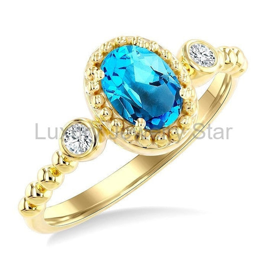 Bead Oval Shape Gemstone & Diamond Ring