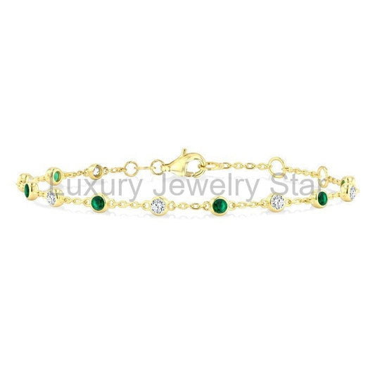 Bezel Gemstone & Diamond Station Chain Bracelet