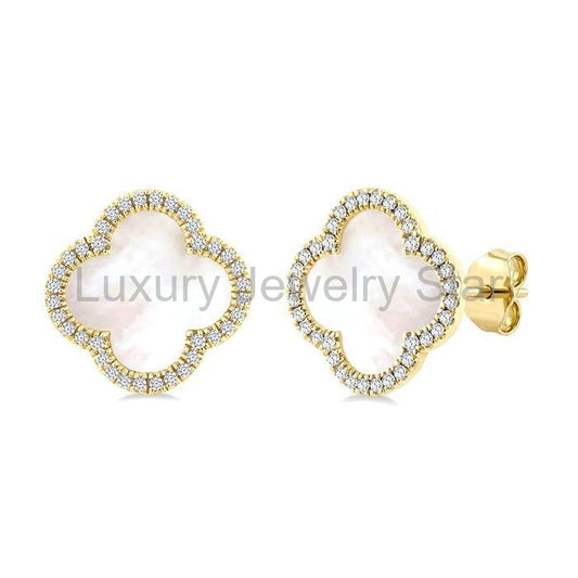 Clover Mother Of Pearl & Halo Diamond Earrings