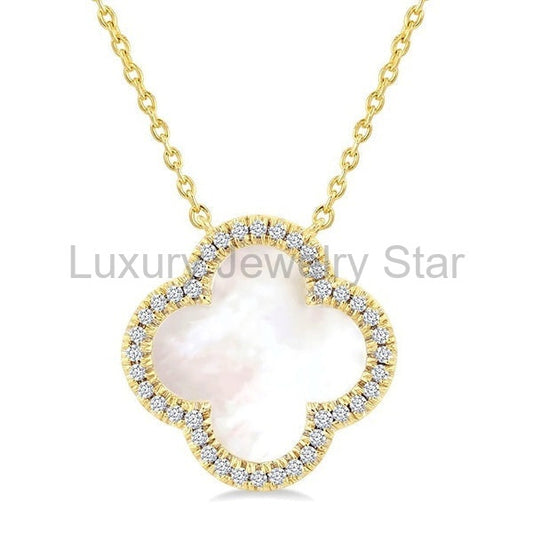 Clover Mother Of Pearl & Halo Diamond Pendant