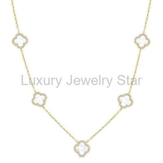 Clover Mother Of Pearl & Halo Diamond Station Necklace