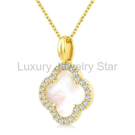 Clover Petite Mother Of Pearl & Halo Diamond Pendant