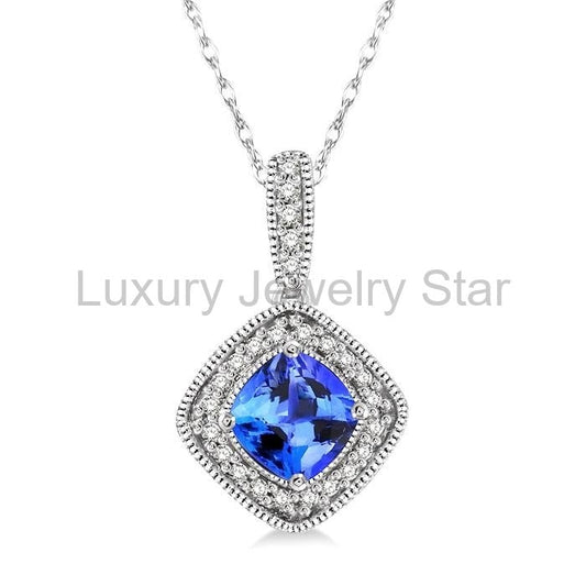 Cushion Shape Gemstone & Halo Diamond Pendant
