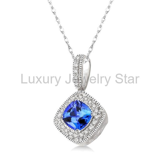 Cushion Shape Gemstone & Halo Diamond Pendant