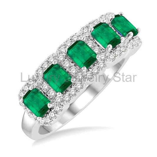 Emerald Shape 5 Gemstone & Halo Diamond Wedding Band