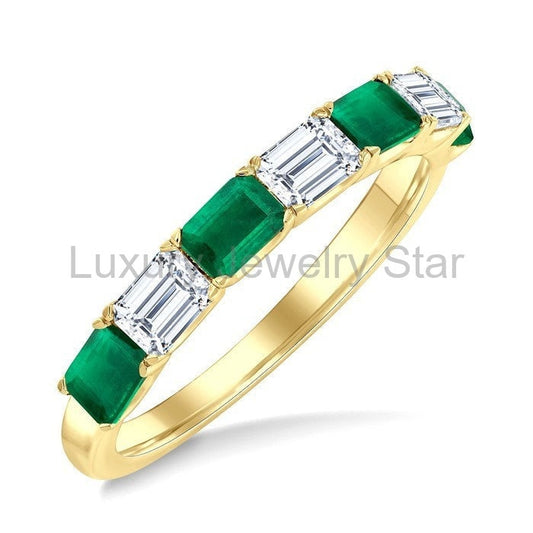 Emerald Shape Alternate Gemstone & Diamond Fashion Band