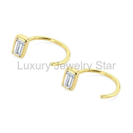 Emerald Shape Bezel Set Petite Diamond Huggie Earrings