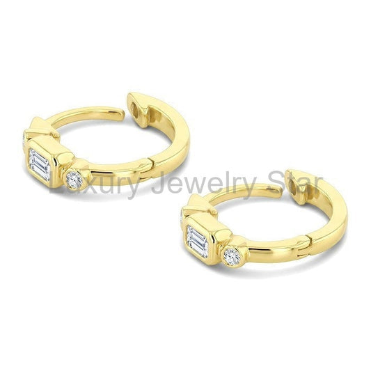 Emerald Shape Bezel Set Petite Diamond Huggie Earrings