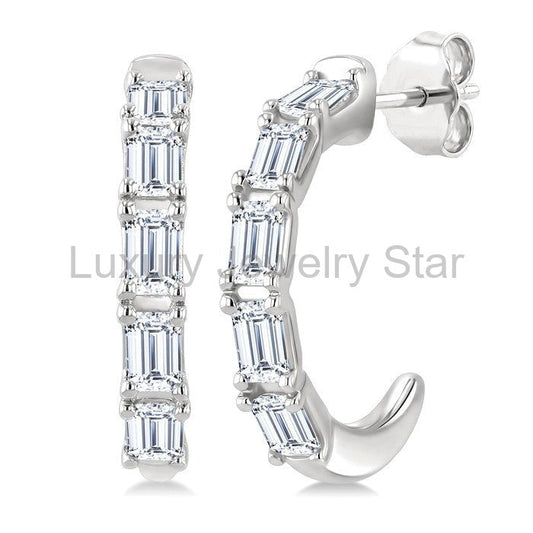 Emerald Shape Diamond Fashion Half Hoop Earrings