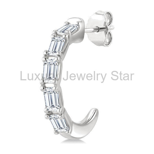 Emerald Shape Diamond Fashion Half Hoop Earrings - image 2