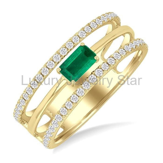 Emerald Shape East-West Gemstone & Diamond Layered Fashion Ring