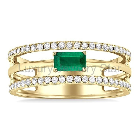 Emerald Shape East-West Gemstone & Diamond Layered Fashion Ring - image 2
