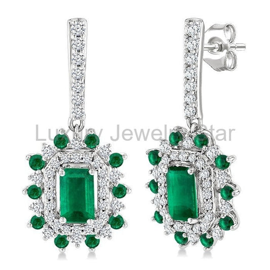 Emerald Shape Gemstone & Halo Diamond Earrings