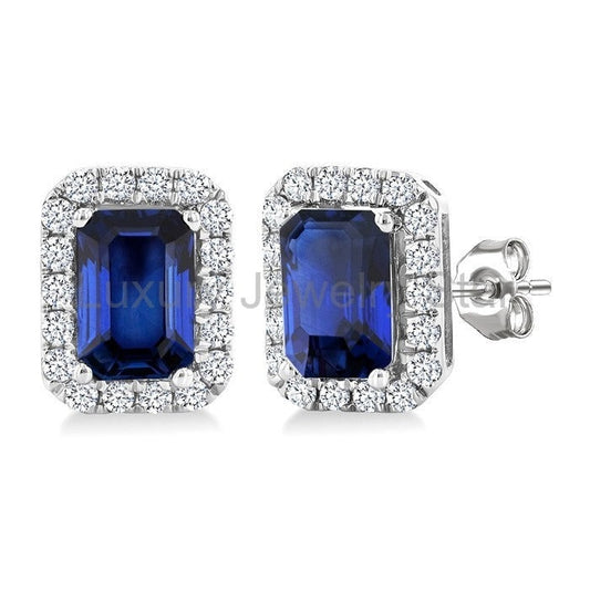 Emerald Shape Gemstone & Halo Diamond Earrings