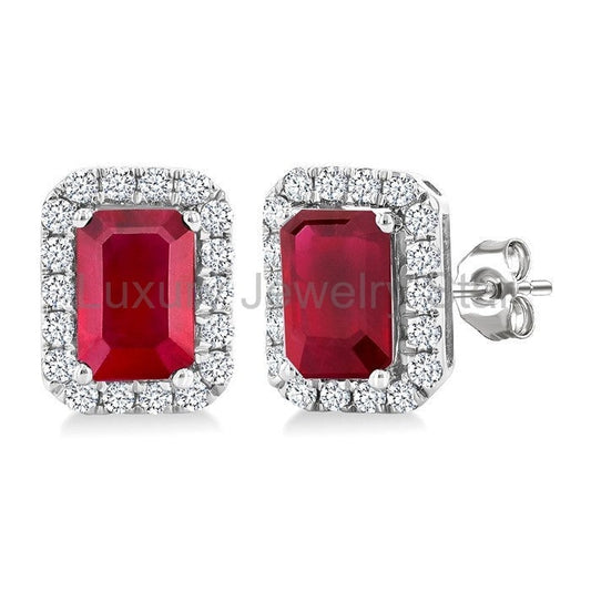 Emerald Shape Gemstone & Halo Diamond Earrings