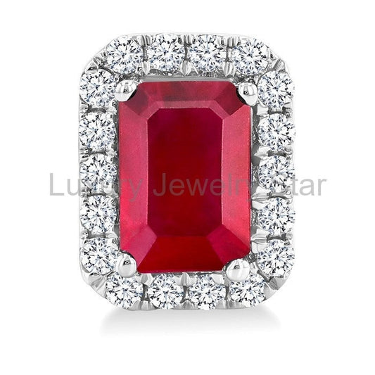 Emerald Shape Gemstone & Halo Diamond Earrings - image 2