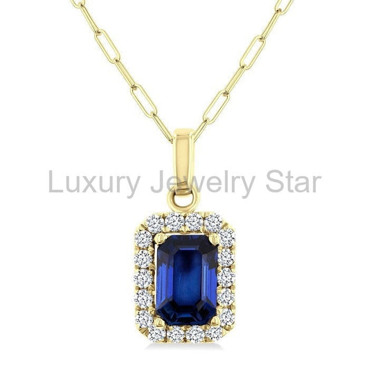Emerald Shape Gemstone & Halo Diamond Pendant