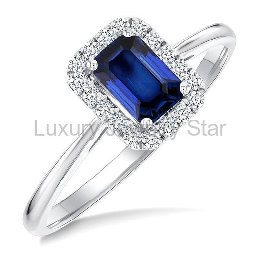 Emerald Shape Gemstone & Halo Diamond Ring