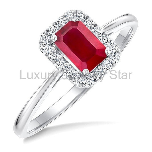 Emerald Shape Gemstone & Halo Diamond Ring
