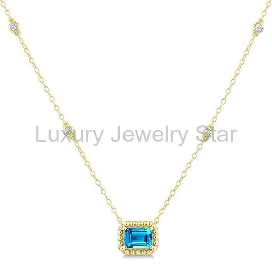 Emerald Shape Gemstone & Halo Diamond Station Necklace