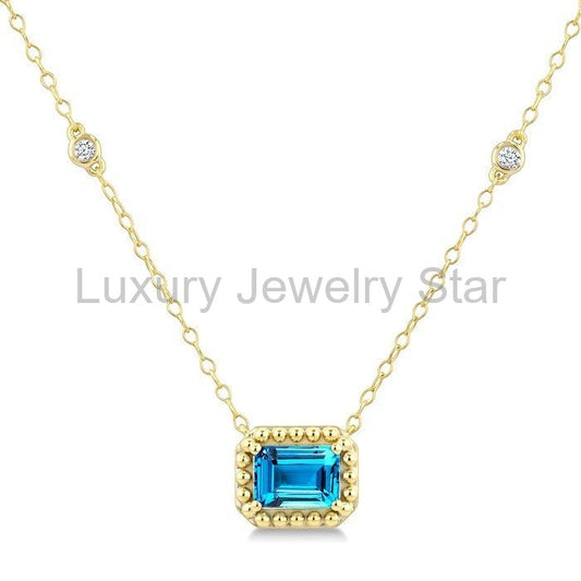 Emerald Shape Gemstone & Halo Diamond Station Necklace - image 2