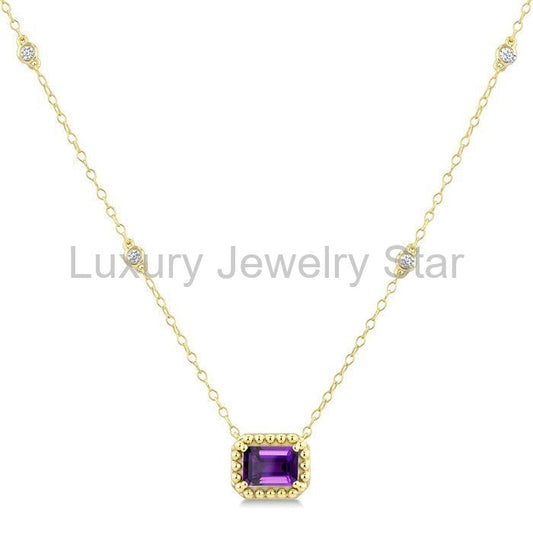 Emerald Shape Gemstone & Halo Diamond Station Necklace