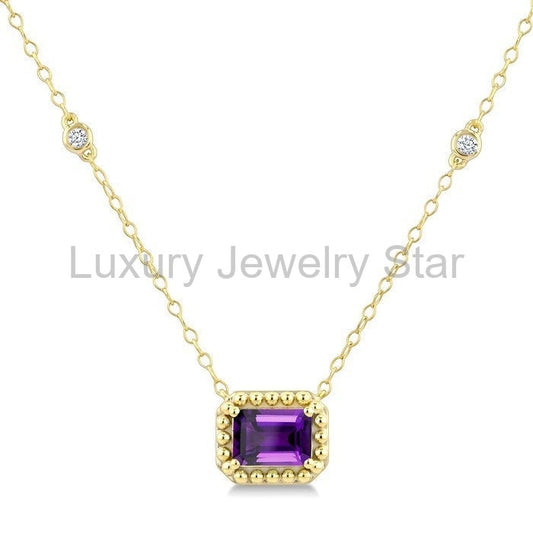 Emerald Shape Gemstone & Halo Diamond Station Necklace - image 2