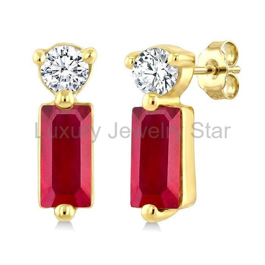 Emerald Shape Gemstone & Petite Diamond Earrings