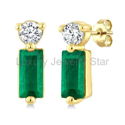 Emerald Shape Gemstone & Petite Diamond Earrings