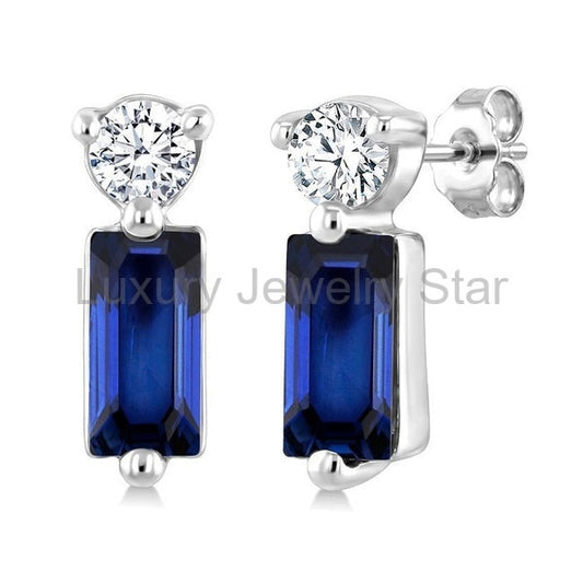 Emerald Shape Gemstone & Petite Diamond Earrings
