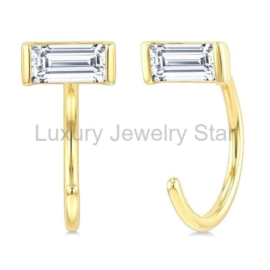 Emerald Shape Petite Diamond Huggie Earrings
