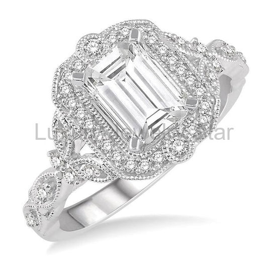 Emerald Shape Semi-Mount Halo Diamond Engagement Ring