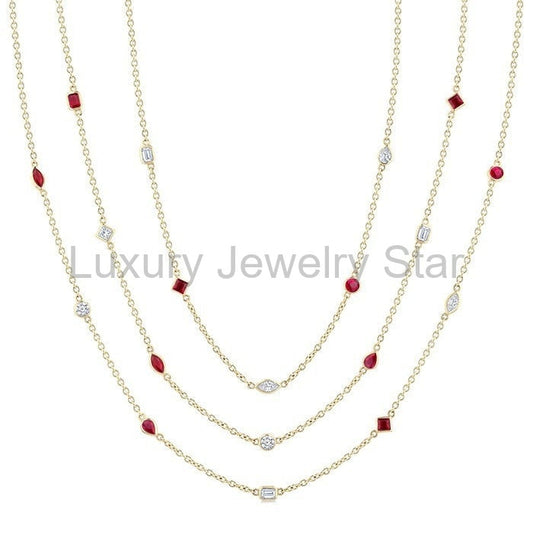 Mixed Shape Gemstone & Diamond Station Necklace