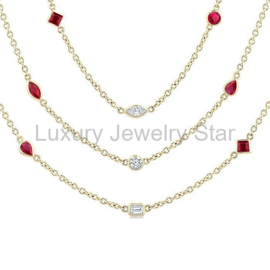 Mixed Shape Gemstone & Diamond Station Necklace - image 2