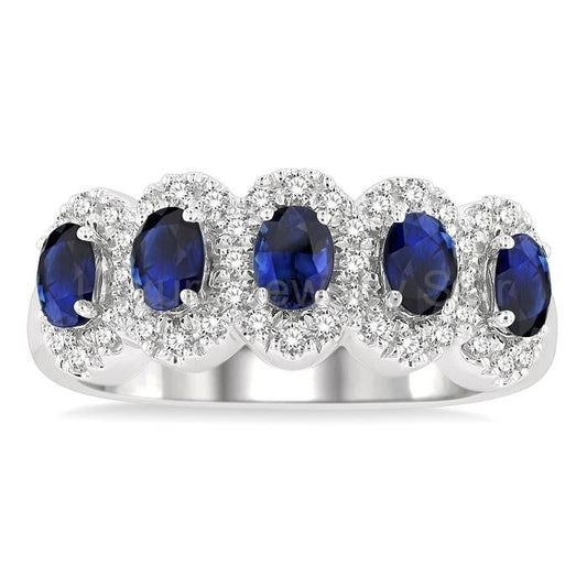 Oval Shape 5 Gemstone & Halo Diamond Wedding Band - image 2