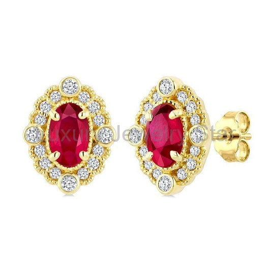 Oval Shape Art Deco Gemstone & Diamond Earrings