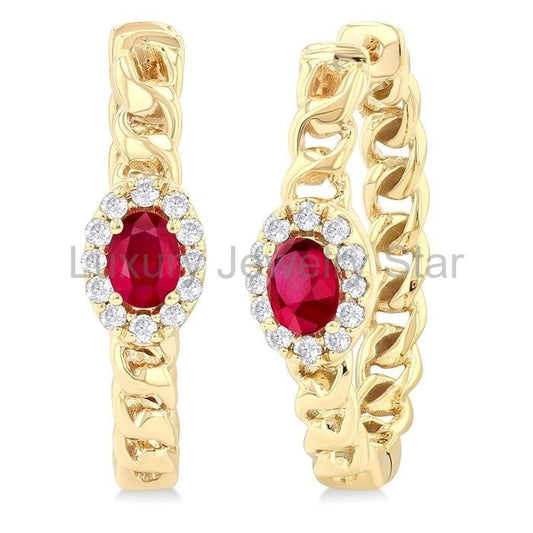 Oval Shape Curb & Cuban Gemstone & Halo Diamond Fashion Hoop Earrings